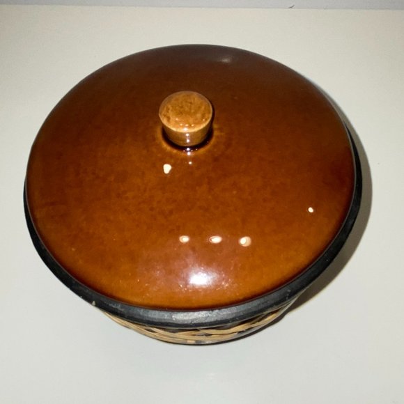 Ceramic Textured Decorative Bowl Jar with Lid Brown and Black Braided - Picture 4 of 6